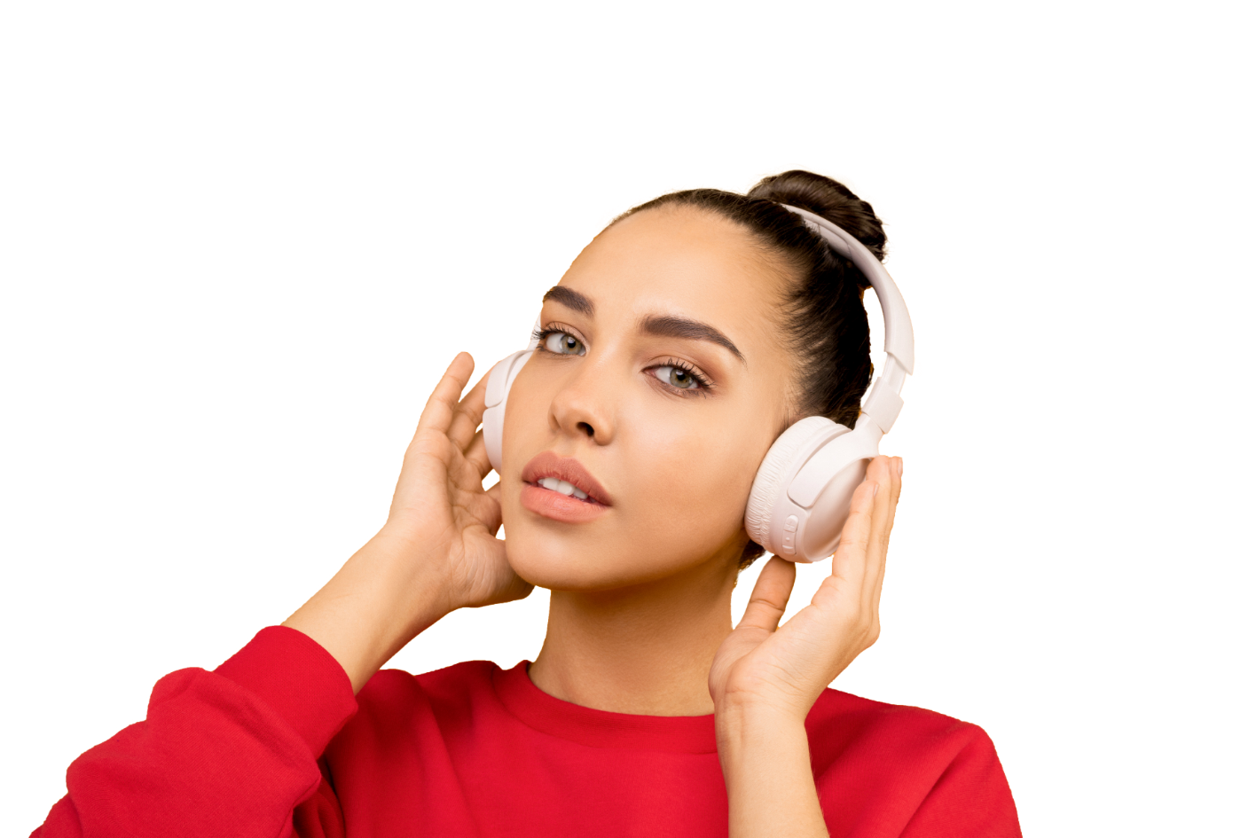 woman in red sweater with white headphones